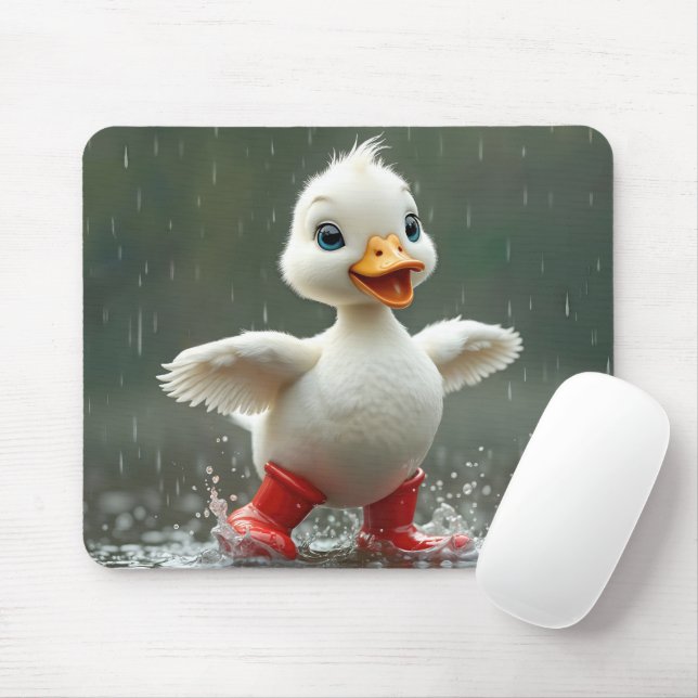 White Duckling Splashing In a Rain Puddle Mouse Mat (With Mouse)