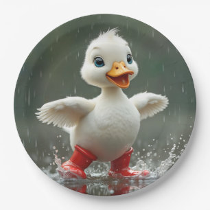 White Duckling Splashing In a Rain Puddle Paper Plate