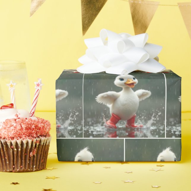 White Duckling Splashing In a Rain Puddle Wrapping Paper (Birthday Party)