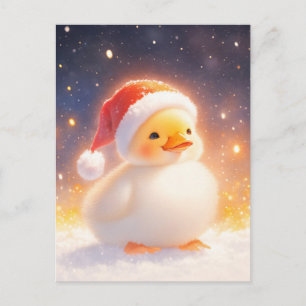 White Duckling wearing Red Santa Hat in Snow Postcard