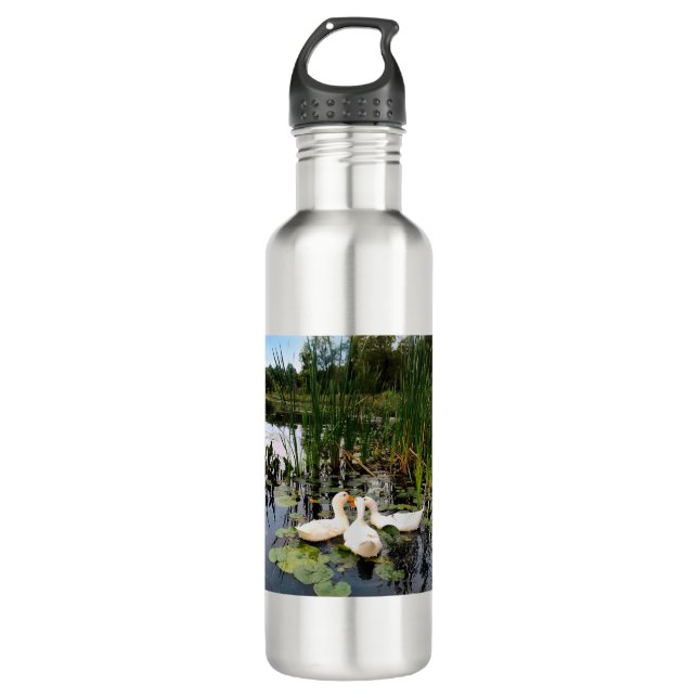 White ducks, lily pads, cattails, lake shore 710 ml water bottle (Front)