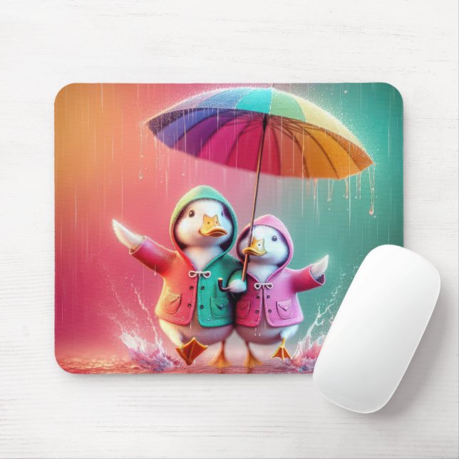 White Ducks Walking In The Rain Mouse Mat (With Mouse)