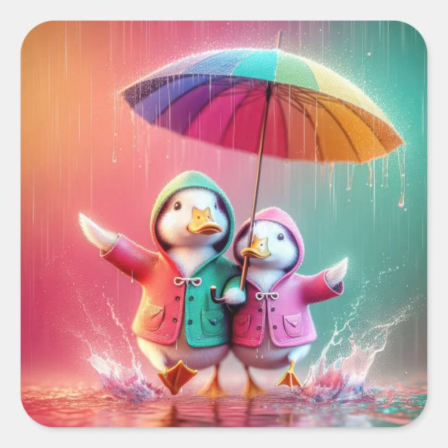 White Ducks Walking In The Rain Square Sticker (Front)