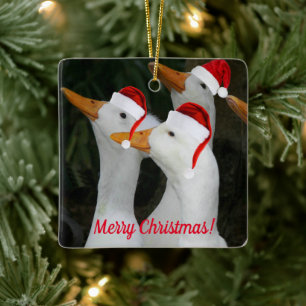 White Ducks Wearing Red Santa Hats Holiday Ceramic Ornament