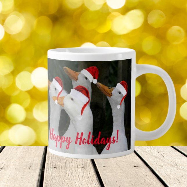 White Ducks Wearing Red Santa Hats Holiday Large Coffee Mug (In Situ Holidays)