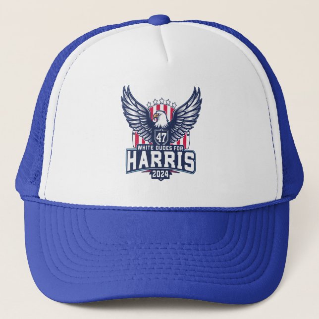 white dudes for harris trucker hat (Front)