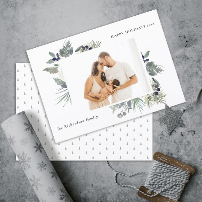 White Dusky Green Christmas Foliage Photo Happy Holiday Card (Creator Uploaded)