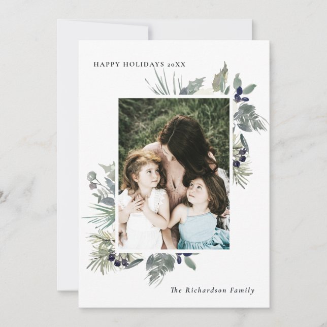 White Dusky Green Christmas Foliage Photo Happy Holiday Card (Front)