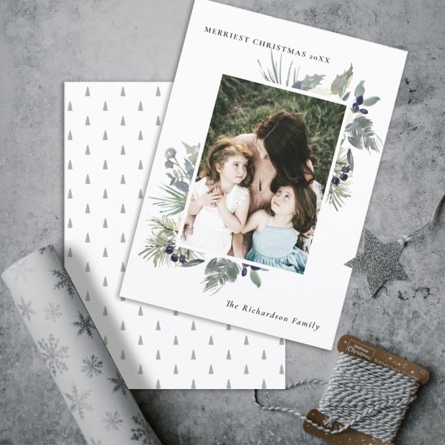 White Dusky Green Merriest Christmas Foliage Photo Holiday Card (Creator Uploaded)