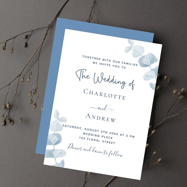 White dusty blue eucalyptus wedding luxury invitation (Creator Uploaded)