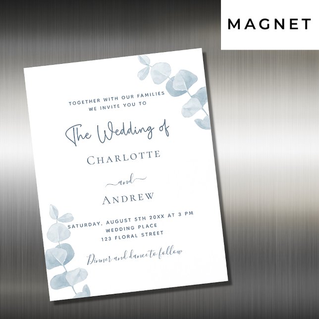 White dusty blue eucalyptus wedding luxury magnetic invitation (Creator Uploaded)