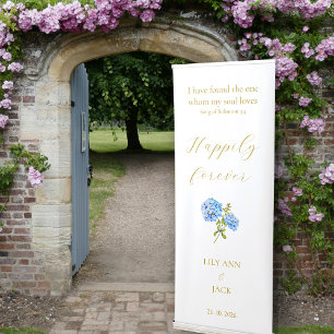 White & Dusty Blue & Floral Hydrangea Wedding  Retractable Banner