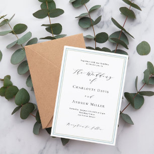 White dusty blue sage green formal wedding invitation