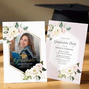 White & Dusty Pink Floral Graduation Party Photo Invitation