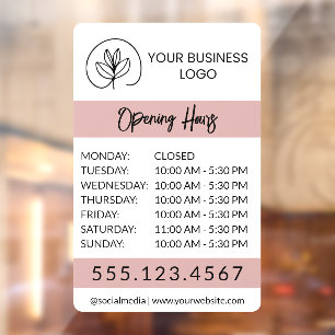 White & Dusty Pink Small Business Logo Open Hours Window Cling