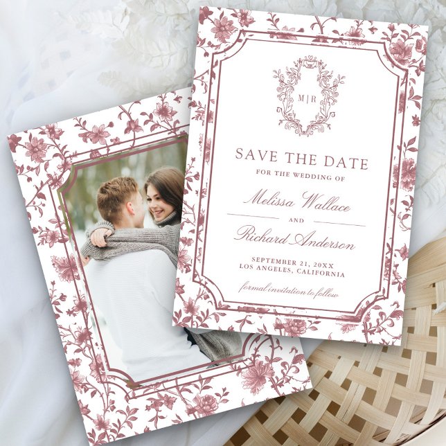 White Dusty Rose Chinoiserie Crest Photo Wedding Save The Date (Creator Uploaded)