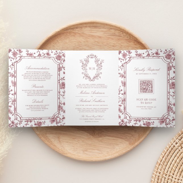 White Dusty Rose Chinoiserie Crest QR Code Wedding Tri-Fold Invitation (Creator Uploaded)