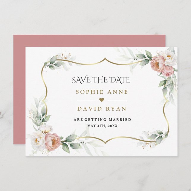 White Dusty Rose Floral Gold Airy Greenery Wedding Save The Date (Front/Back)