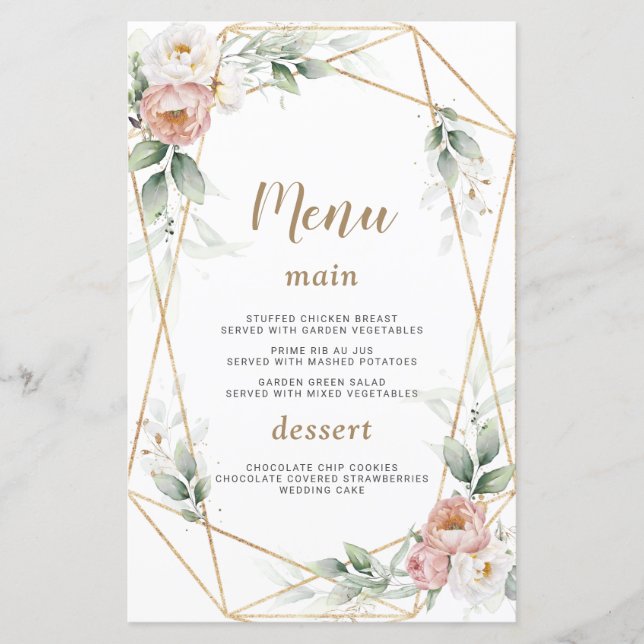 White Dusty Rose Floral Gold Greenery Wedding Menu (Front)