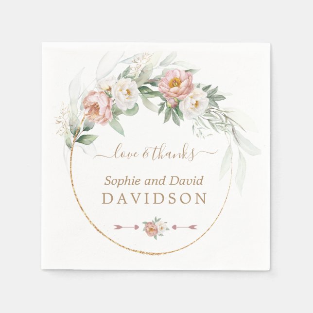 White Dusty Rose Floral Gold Greenery Wedding Napkin (Front)