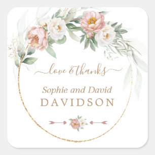 White Dusty Rose Floral Gold Greenery Wedding Square Sticker