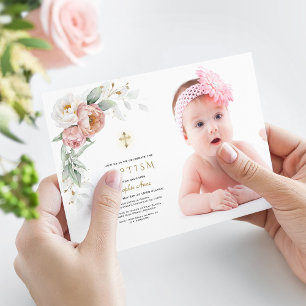 White Dusty Rose Floral Photo Girl Baptism Invitation