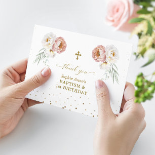 White Dusty Roses Floral 1st Birthday Baptism Thank You Card