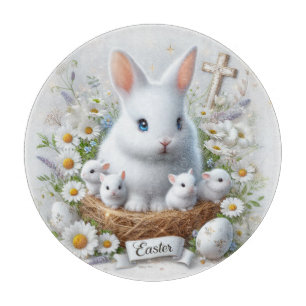 White Easter Bunnies, Eggs, Daisies and a Cross Cutting Board