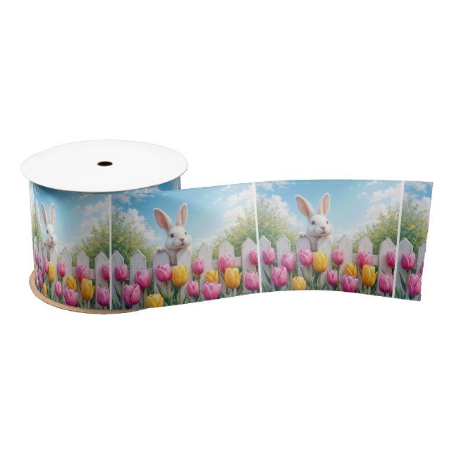 White Easter Bunny In a Tulip Garden Satin Ribbon (Spool)