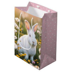 White Easter Bunny In Daisies Medium Gift Bag