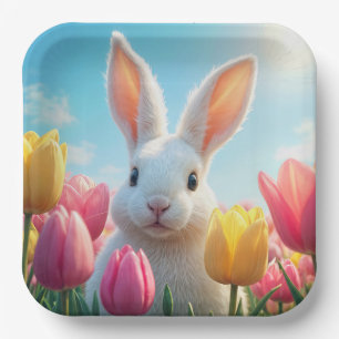 White Easter Bunny In Tulips Paper Plate