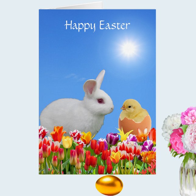 White Easter Bunny, Tulips & Chick on Sky Blue (Creator Uploaded)