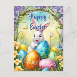 White Easter Bunny with Colourful Eggs Postcard