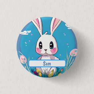 White Easter Bunny With Customizable Nametag 3 Cm Round Badge