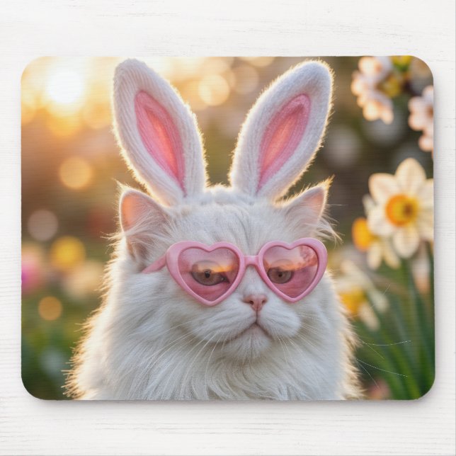 White Easter Cat with Bunny ears Mouse Mat (Front)