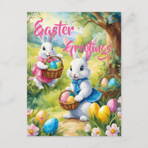 White Easter Rabbits with Colourful Eggs Postcard