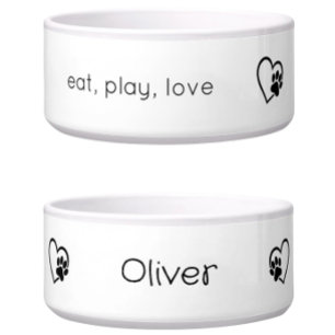 White Eat Play Love Custom Name Dog Bowl