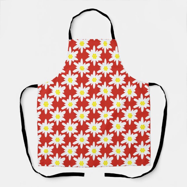 White Edelweiss Flowers Pattern in Red Apron (Front)