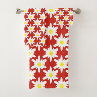 White Edelweiss Flowers Pattern in Red Bath Towel Set