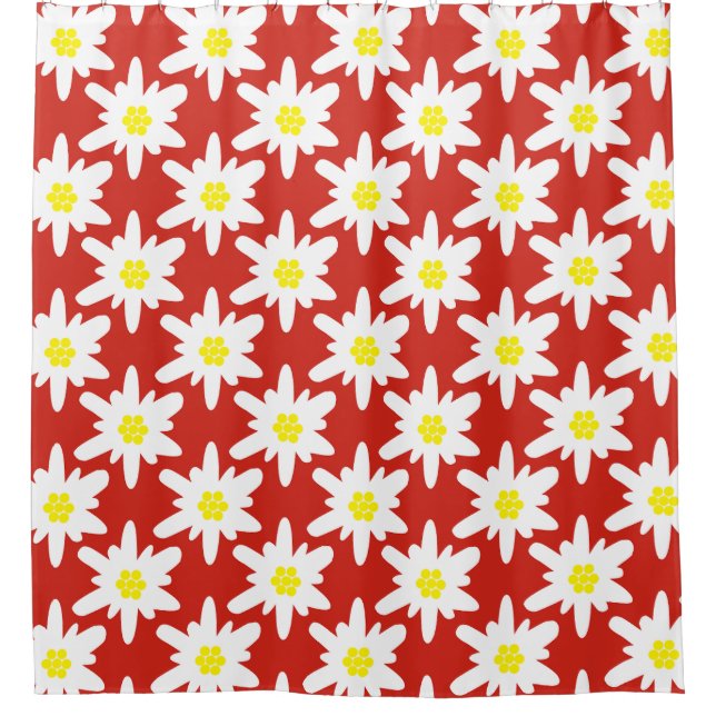 White Edelweiss Flowers Pattern in Red Shower Curtain (Front)
