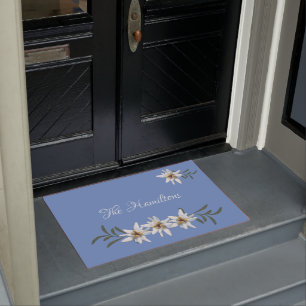 White Edelweiss On Blue Doormat