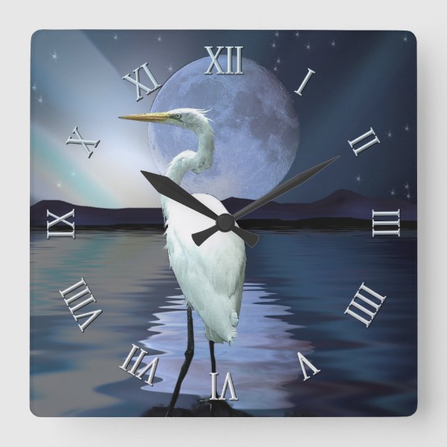White Egret, Full Moon & Aurora Wildlife Scene Square Wall Clock (Front)