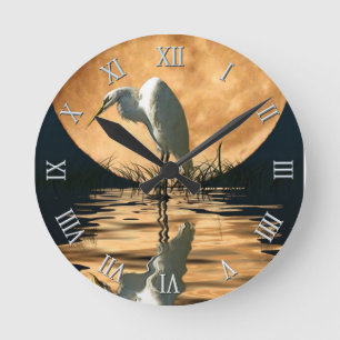 White Egret & Full Moon Wildlife Nature Scene Round Clock