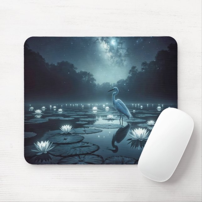 White Egret In Dark Pond Water Mouse Mat (With Mouse)