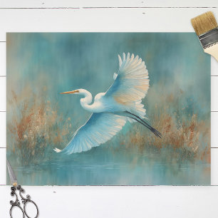 White Egret in Flight Watercolor Decoupage Tissue Paper