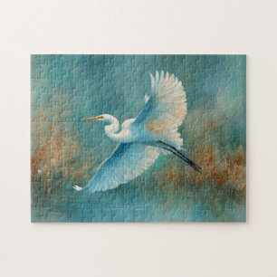 White Egret in Flight Watercolor Jigsaw Puzzle