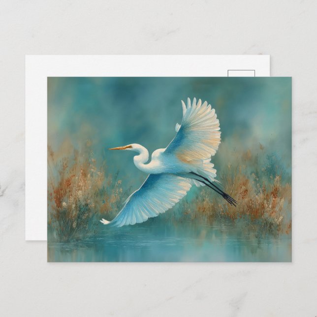 White Egret in Flight Watercolor Postcard (Front/Back)