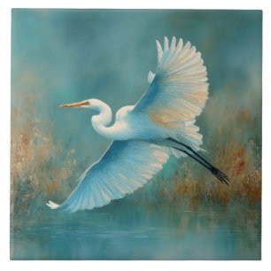 White Egret in Flight Watercolor Tile