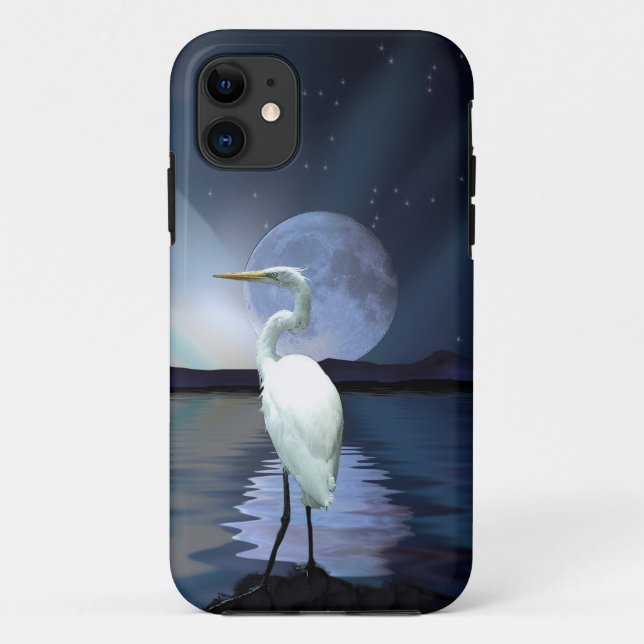White Egret & Moon Fantasy Wildlife Art Phone Case (Back)
