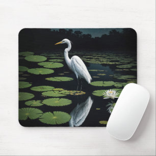 White Egret On Lily Pad Mouse Mat